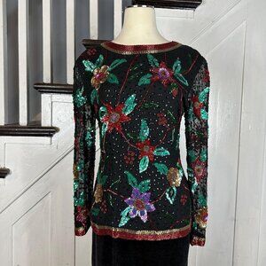 Vintage 90s Silk Floral Beaded Blouse